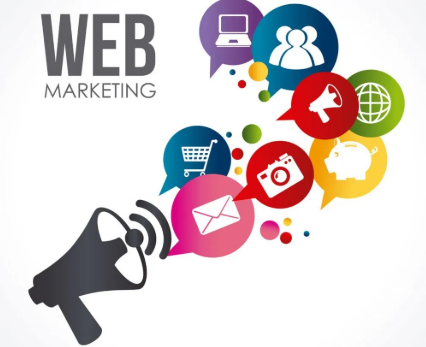 “Web marketing concept with megaphone and digital icons for SEO, social media, email, shopping, and online promotion.”